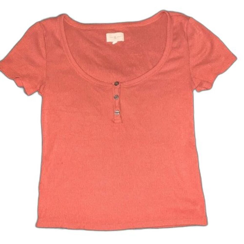 Loft Lou & Grey Cropped Short Sleeve Ribbed Button Front Top Size Small